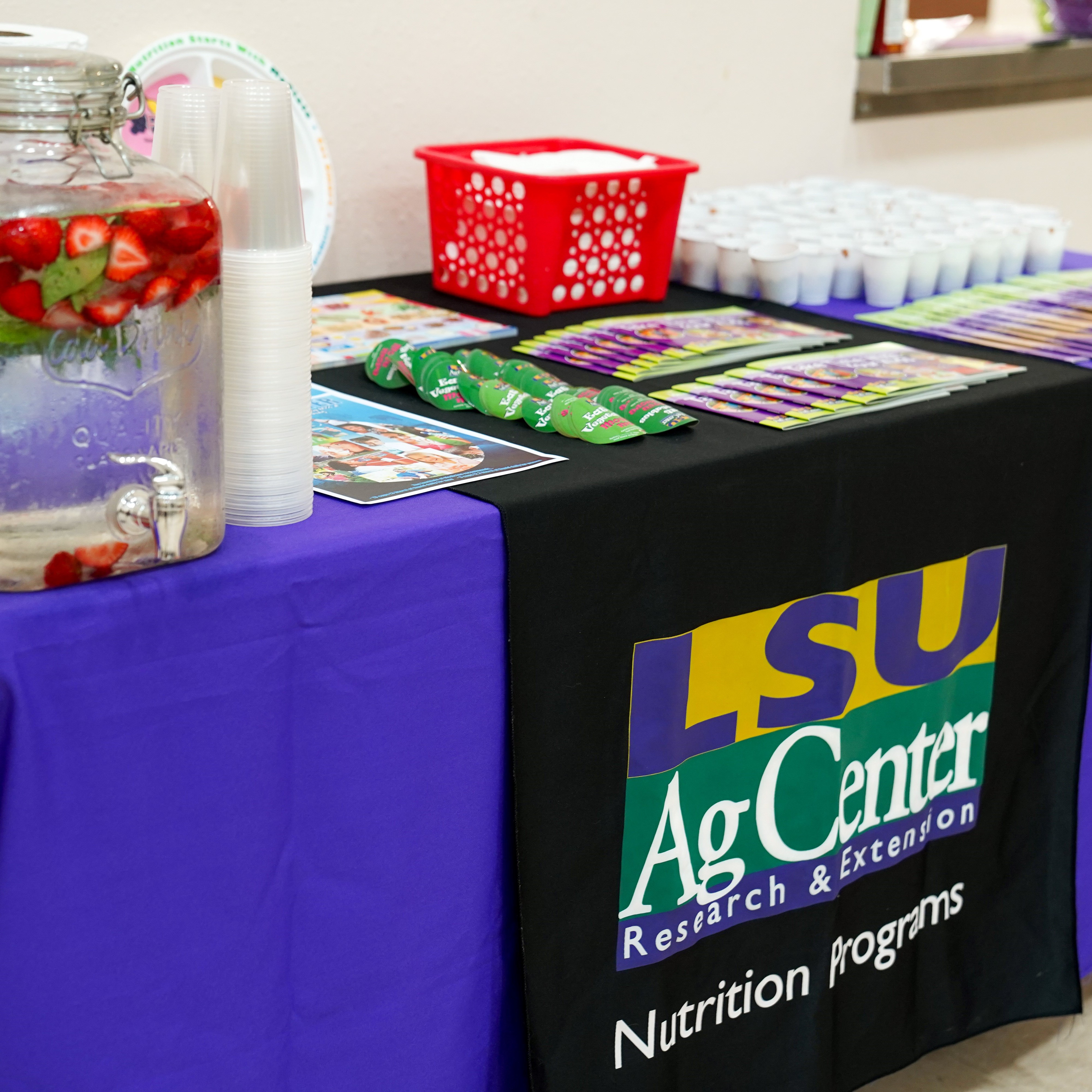 Table with strawberry mint water dispenser, colorful booklets and stickers